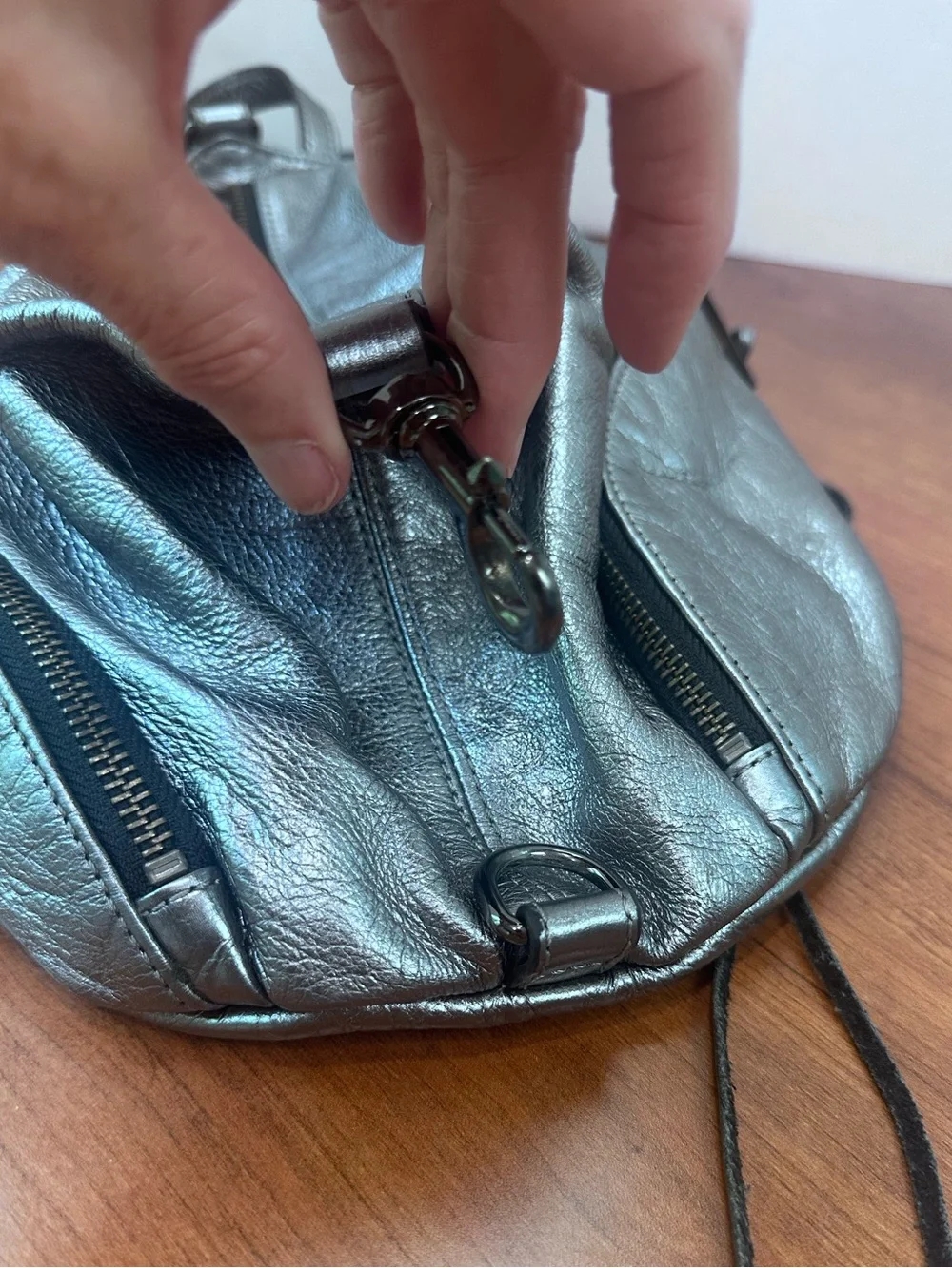 Rebecca Minkoff Mini Julian Silver Metallic Leather Backpack Sling Bag